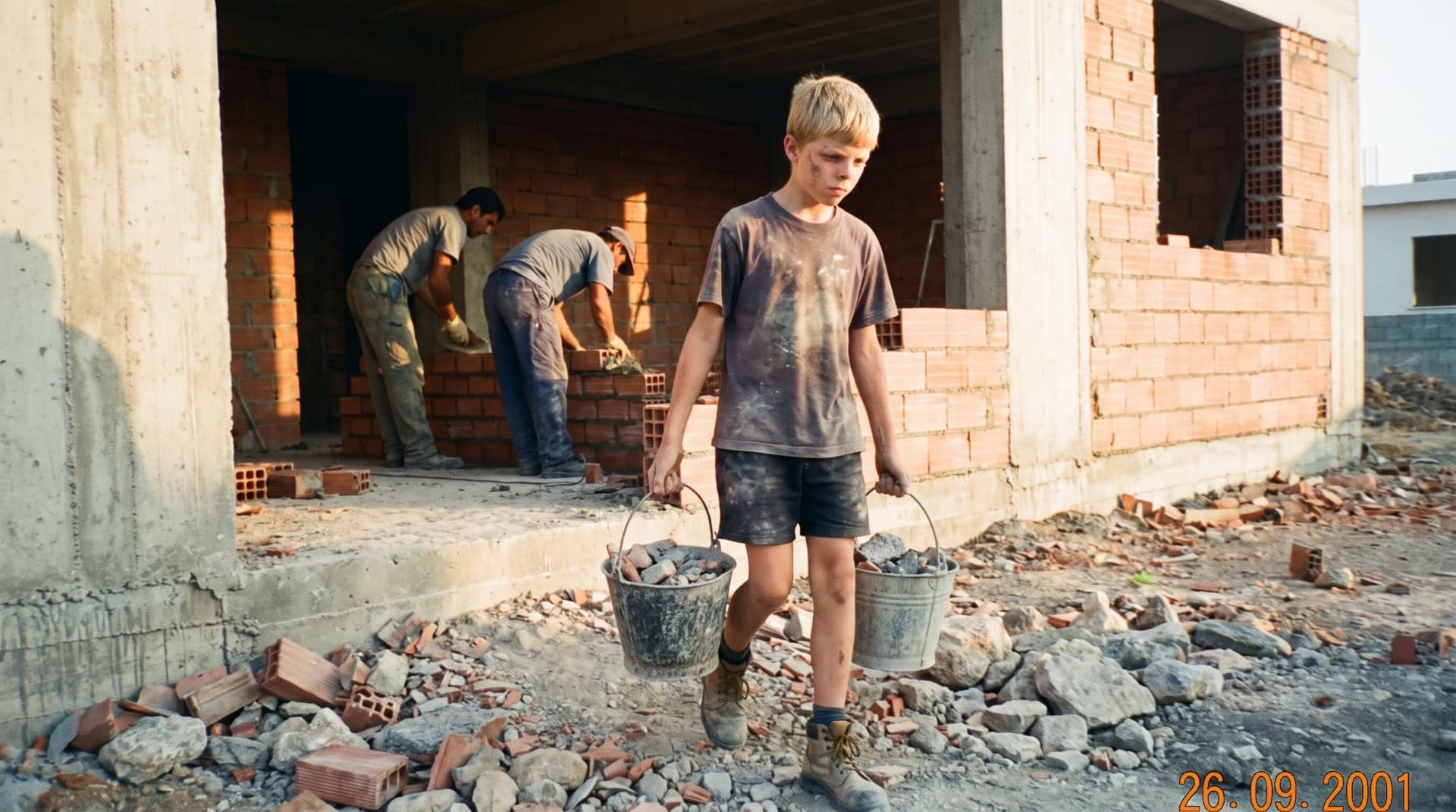 Recreated memory: carrying rubble on a construction site