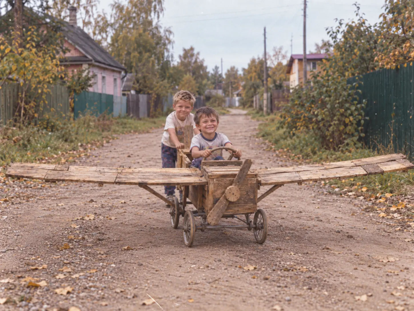 Recreated memory: two boys with a home-made wooden aeroplane